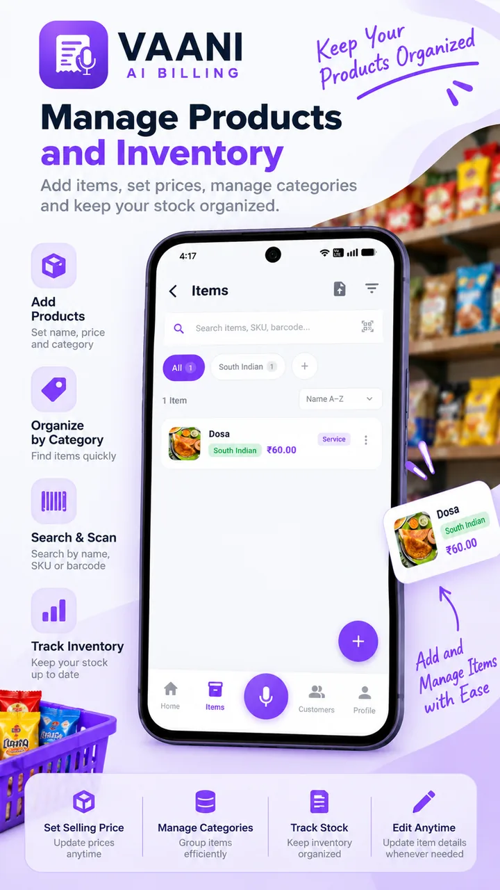 Vaani Items screen for adding products, categories, prices and stock