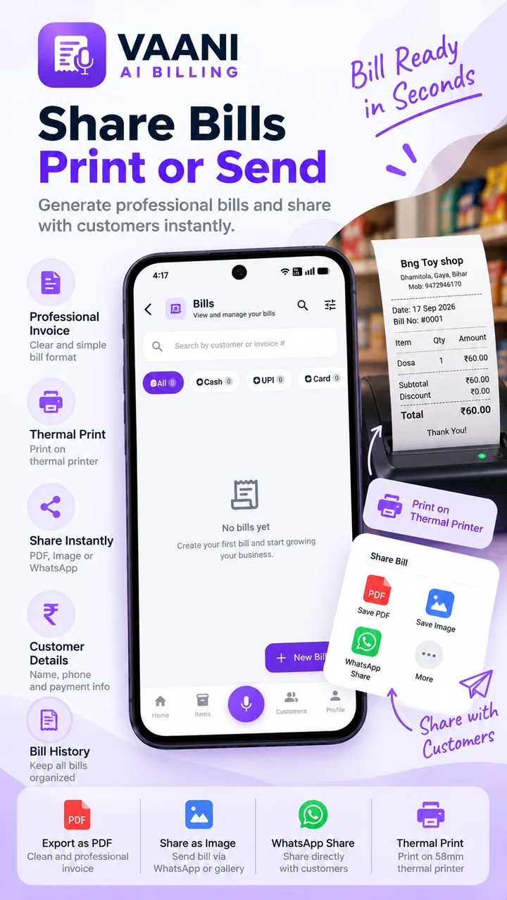 Vaani bill sharing as PDF, image or WhatsApp, and thermal printing